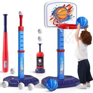 3-in-1 Kids Sports Set – Basketball Hoop, Baseball Bat & Tee Game