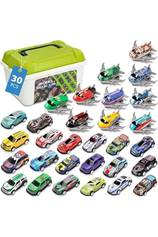 Set of 30 pull-out toy cars and planes with storage